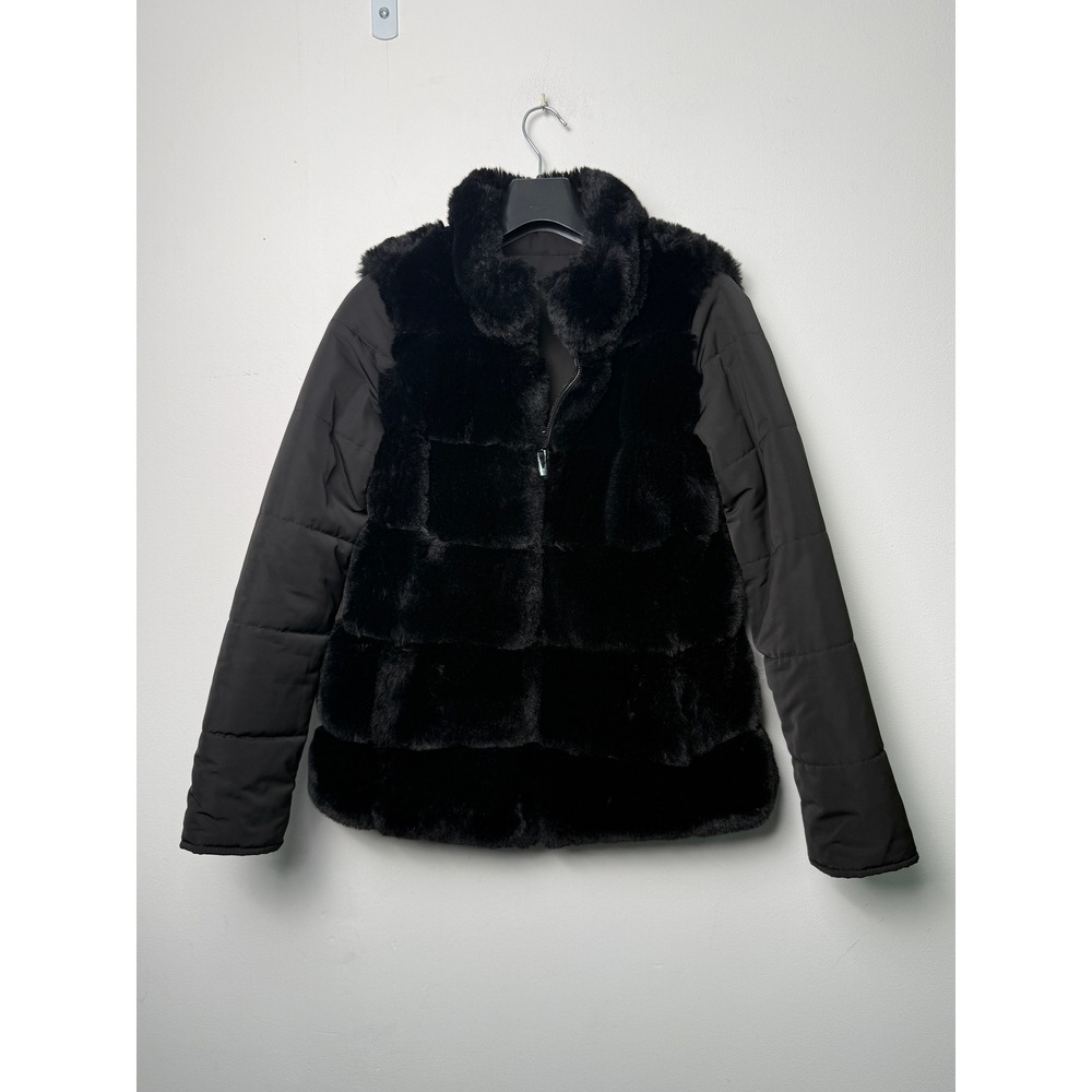 Via Spiga Black Faux Fur Puffer Mixed Media Zip Jacket Stand Collar